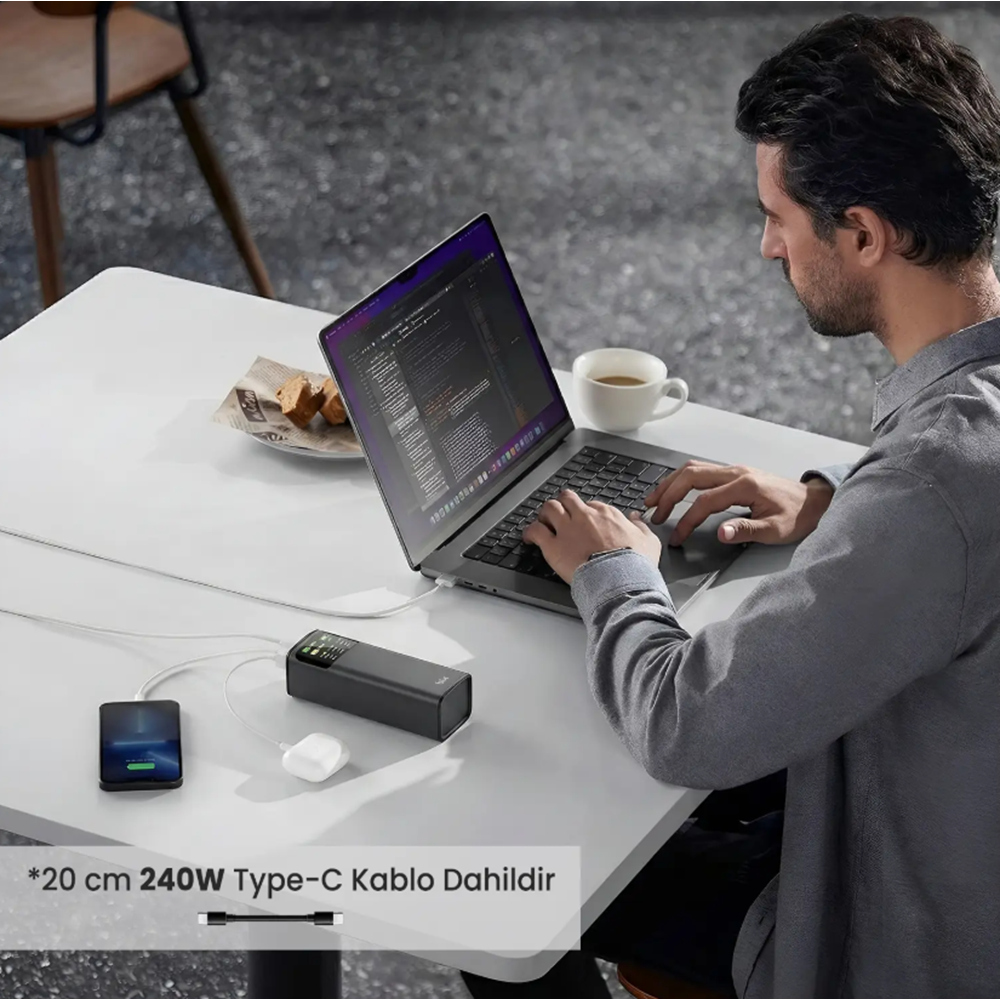 Bix PB200W 24000mAh Powerbank PD3.1 Hızlı Şarj, Çift USB-C + USB-A Dijital Ekranlı MacBook, Tablet ve Telefonlarla Uyumlu Taşınabilir Şarj Cihazı