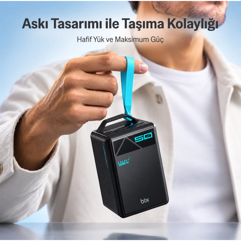 Bix PB5010W 50000mAh 100W Süper Hızlı Şarj Dijital Göstergeli 6 Portlu Powerbank Taşıma Askılı Taşınabilir Şarj Cihazı