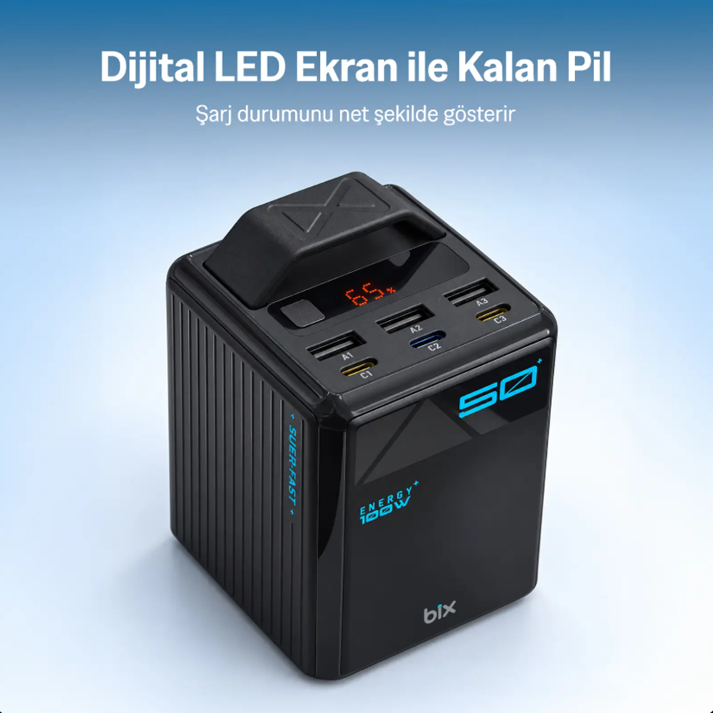 Bix PB5010W 50000mAh 100W Süper Hızlı Şarj Dijital Göstergeli 6 Portlu Powerbank Taşıma Askılı Taşınabilir Şarj Cihazı