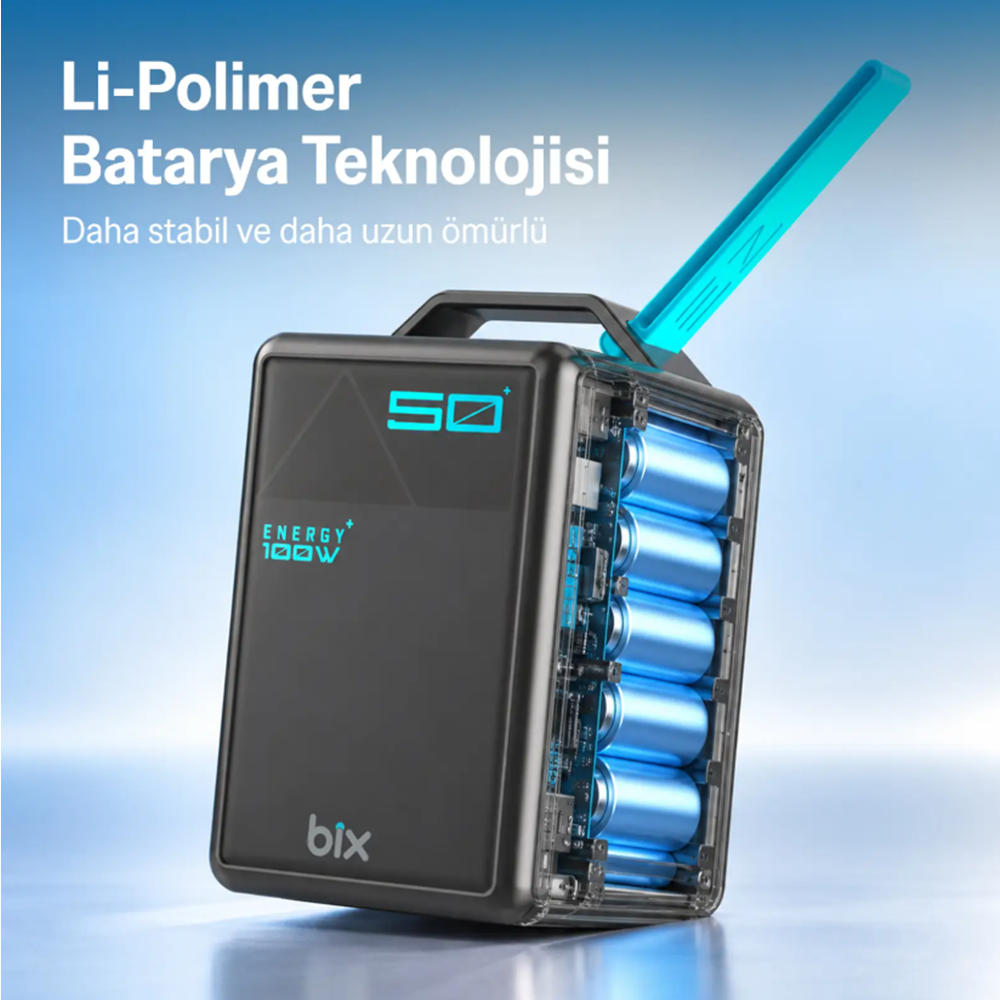 Bix PB5010W 50000mAh 100W Süper Hızlı Şarj Dijital Göstergeli 6 Portlu Powerbank Taşıma Askılı Taşınabilir Şarj Cihazı