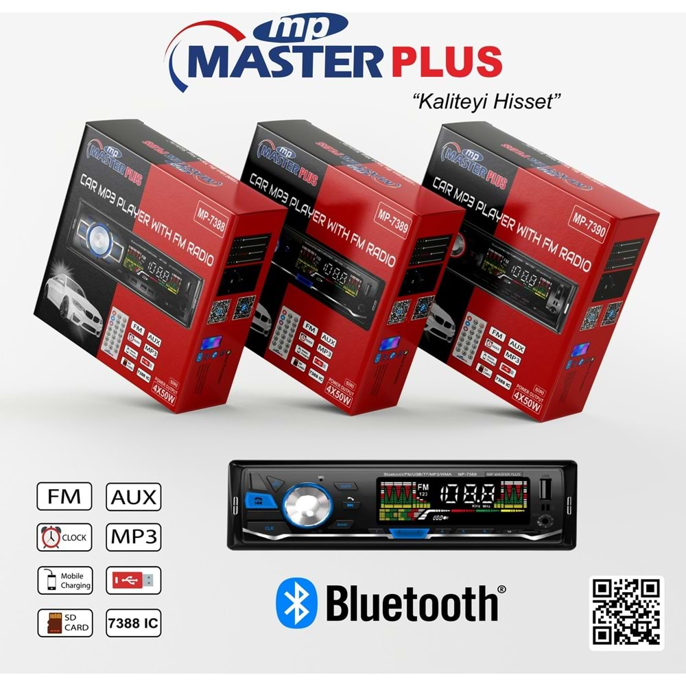 MASTER PLUS MP-7389 BLUETOOTH/FM/USB/TF/MP3 ÇALAR OTO TEYP 4X60WATT