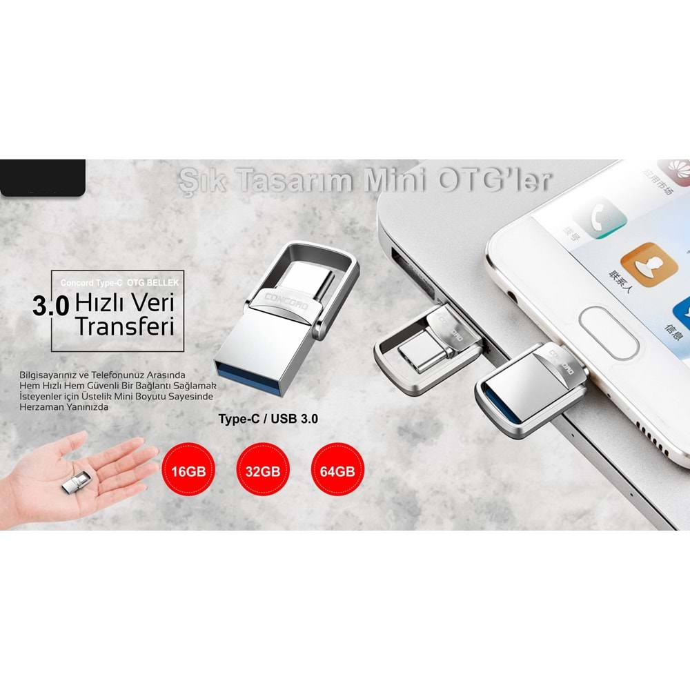 CONCORD C-OTGTN64 64GB TYPE-C OTG METAL MİNİ FLASH BELLEK USB 3.0