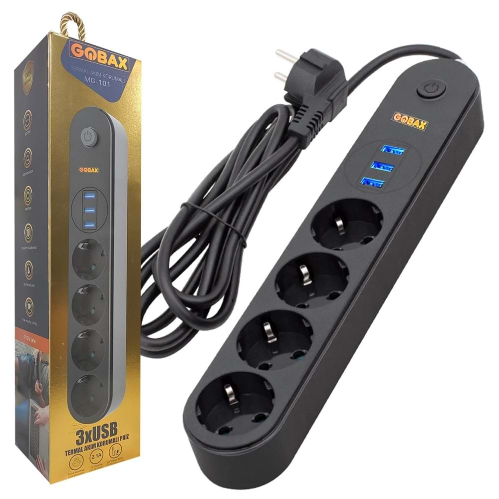 GOBAX MG-101 AKIM KORUMALI PRİZ 3 USB PORTLU 4LÜ PRİZ 2METRE