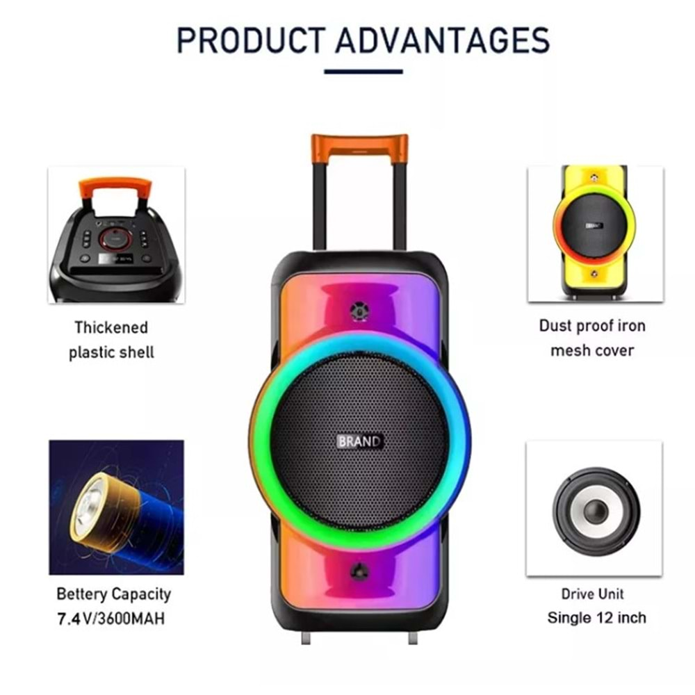 TELSAN NDR-128 SD/USB/FM 12inc BLUETOOTH KARAOKE MİKROFONLU KABLOSUZ KUMANDALI RGB MÜZİK KUTUSU