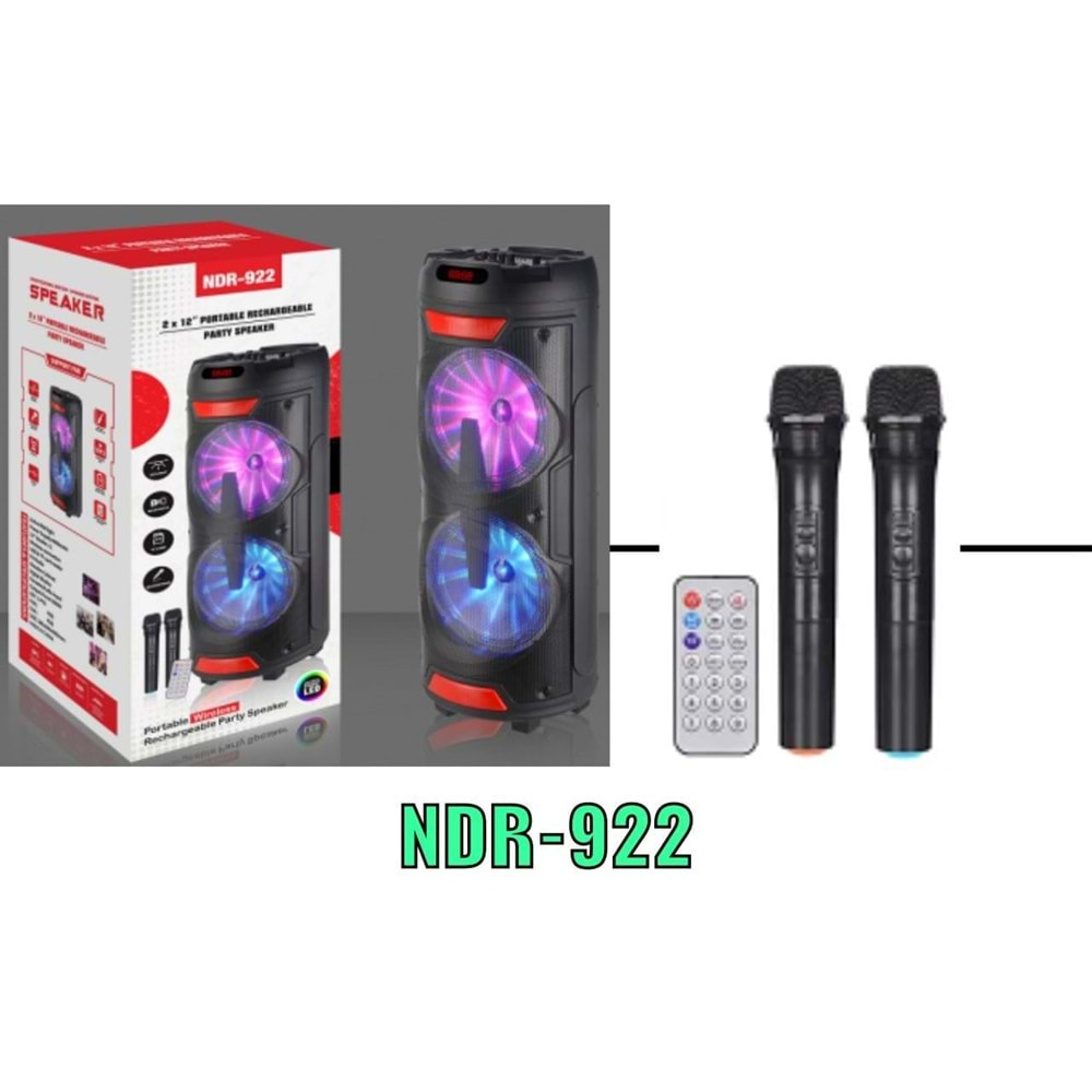 TELSAN NDR-922 SD/USB/FM 2X12inc BLUETOOTH KARAOKE MİKROFONLU ÇİFT KABLOSUZ KUMANDALI RGB MÜZİK KUTUSU