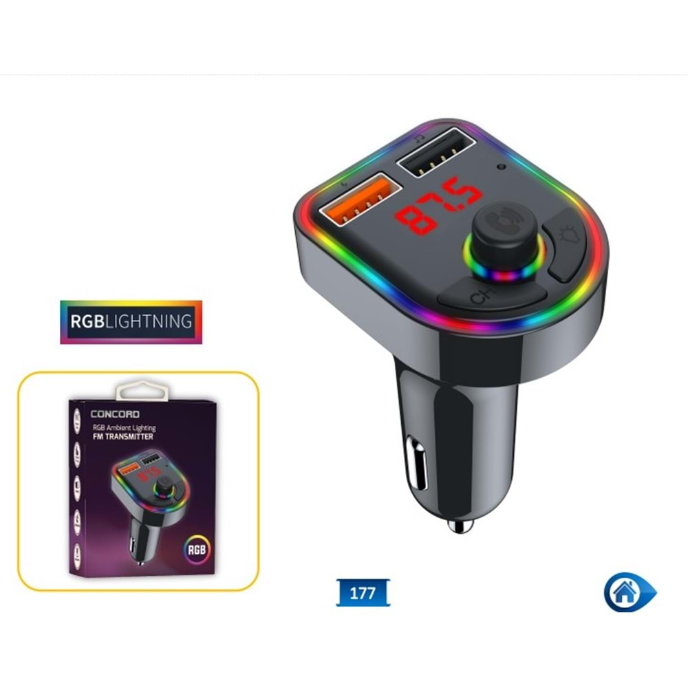 CONCORD C-612 RGB 3.1A IŞIKLI ÇİFT USB/TF/BT/FM BLUETOOTH TRANSMİTTER