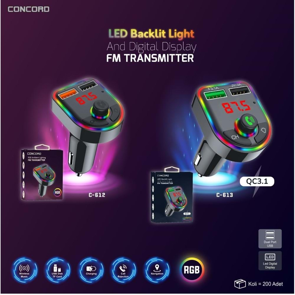 CONCORD C-612 RGB 3.1A IŞIKLI ÇİFT USB/TF/BT/FM BLUETOOTH TRANSMİTTER