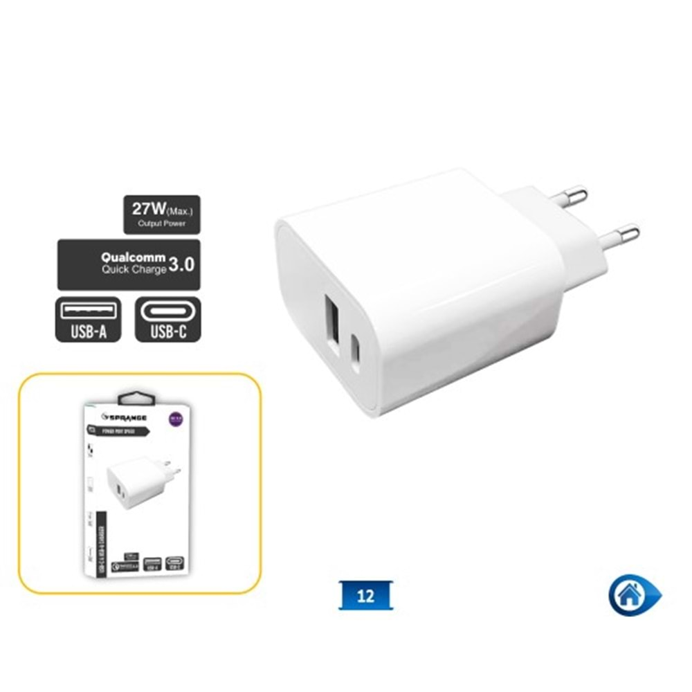 SPRANGE PTC18 HIZLI ŞARJ 27W 3A QUİCK FAST CHARGE QUALCOMM USB-A / USB-C PD ŞARJ KAFA