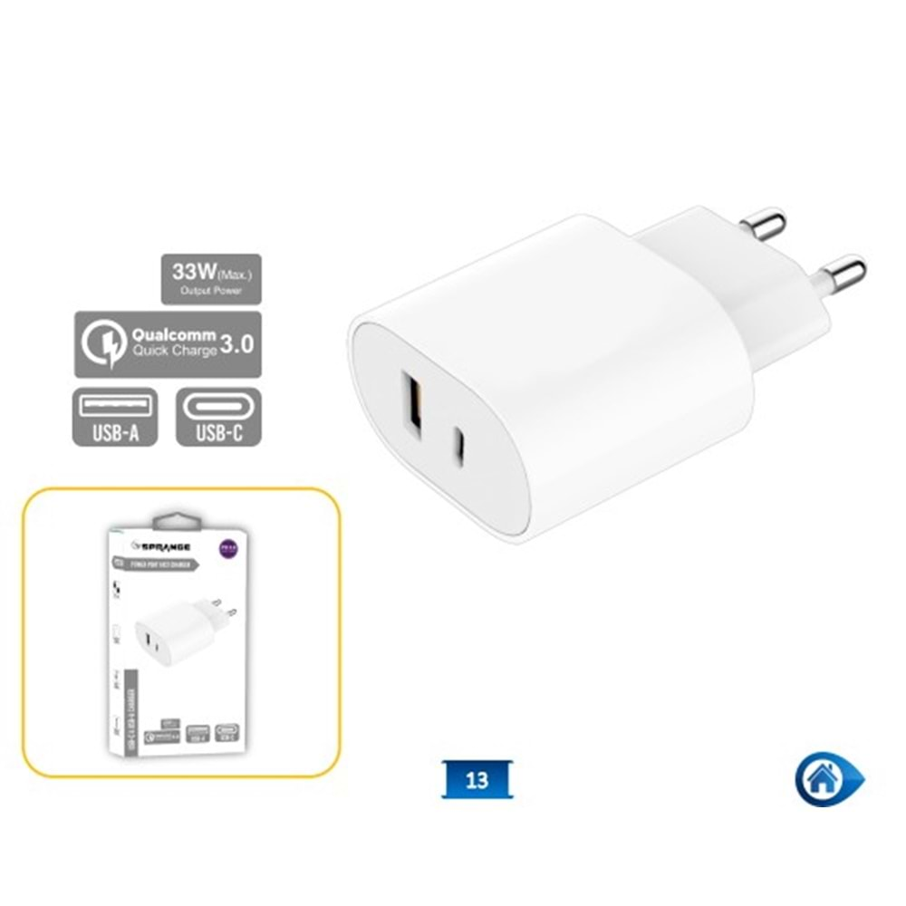 SPRANGE PTD18 HIZLI ŞARJ 33W 5V3A QUİCK FAST CHARGE QUALCOMM USB-A / USB-C PD ŞARJ KAFA