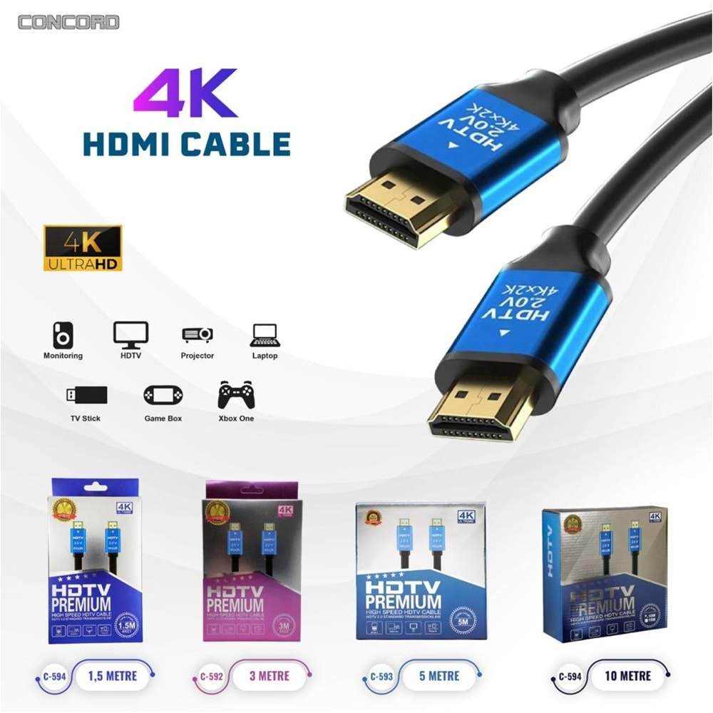 CONCORD C-591 HDMİ KABLO 4K 1.5 METRE EKSTRA KALİTE KUTULU ULTRA HDMİ KABLO