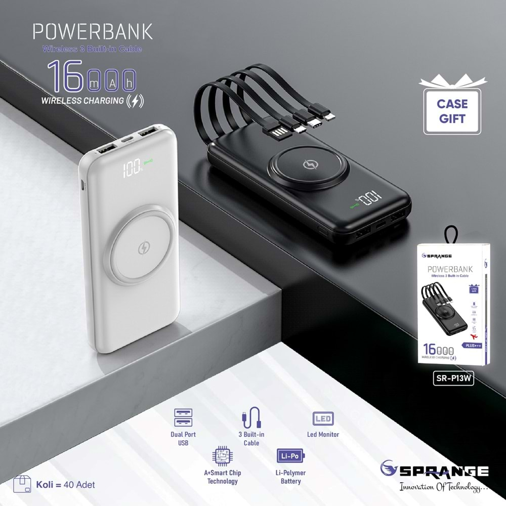 SPRANGE SR-P13W PLUS KABLOSUZ GÖSTERGELİ 16000MAH TYPE-C MİCRO 3 BUİLT-İN KABLO POWERBANK