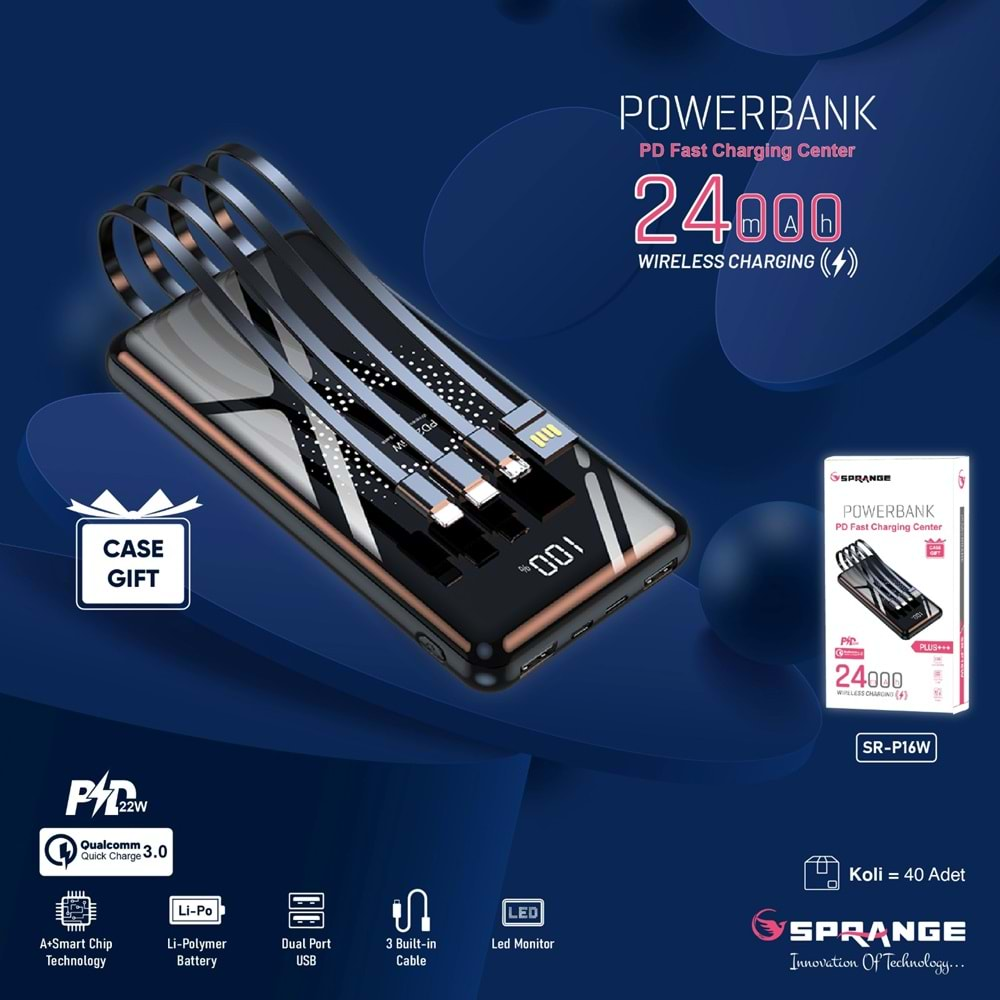 SPRANGE SR-P16W KABLOSUZ GÖSTERGELİ 24000MAH TYPE-C MİCRO 3 BUİLT-İN KABLO POWERBANK