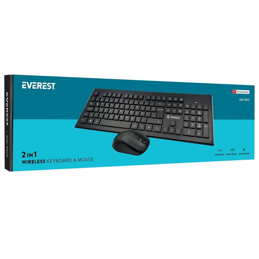 Everest KM-9675 Siyah/Gümüş Kablosuz İnce Tasarım Multimedia Klavye + Mouse Set