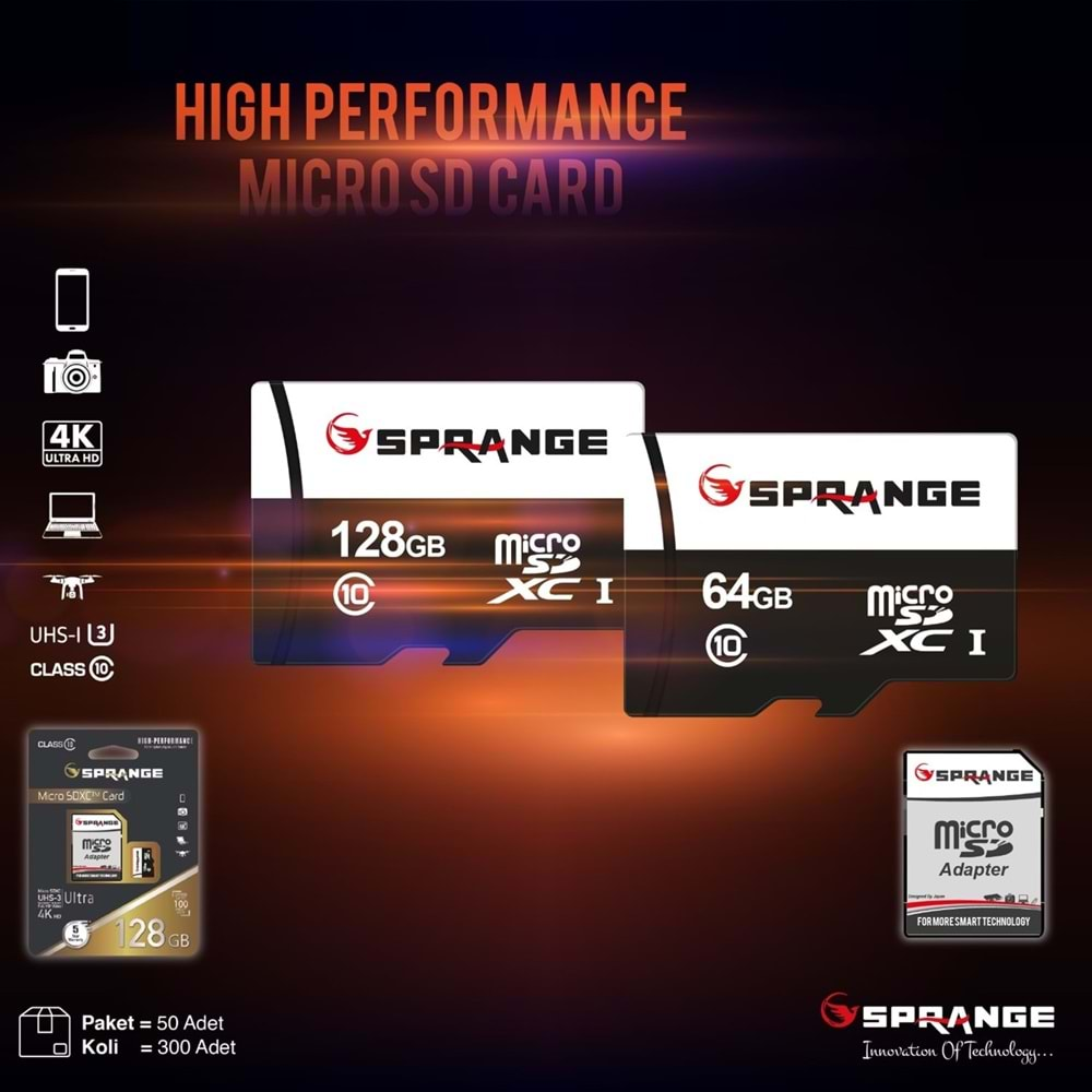 SPRANGE SM-64 Class10 64GB Micro SDXC UHS-3 4K HD Ultra Hafıza Kartı M64