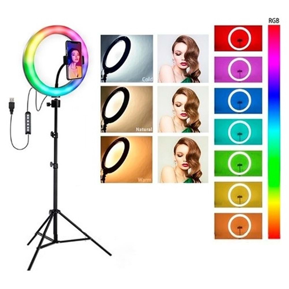 TELSAN MJ33 210CM 13inç RGB Youtuber Tiktok Çekim Telefon Tutucu Renkli Ring Light Makyaj Işığı Tripod