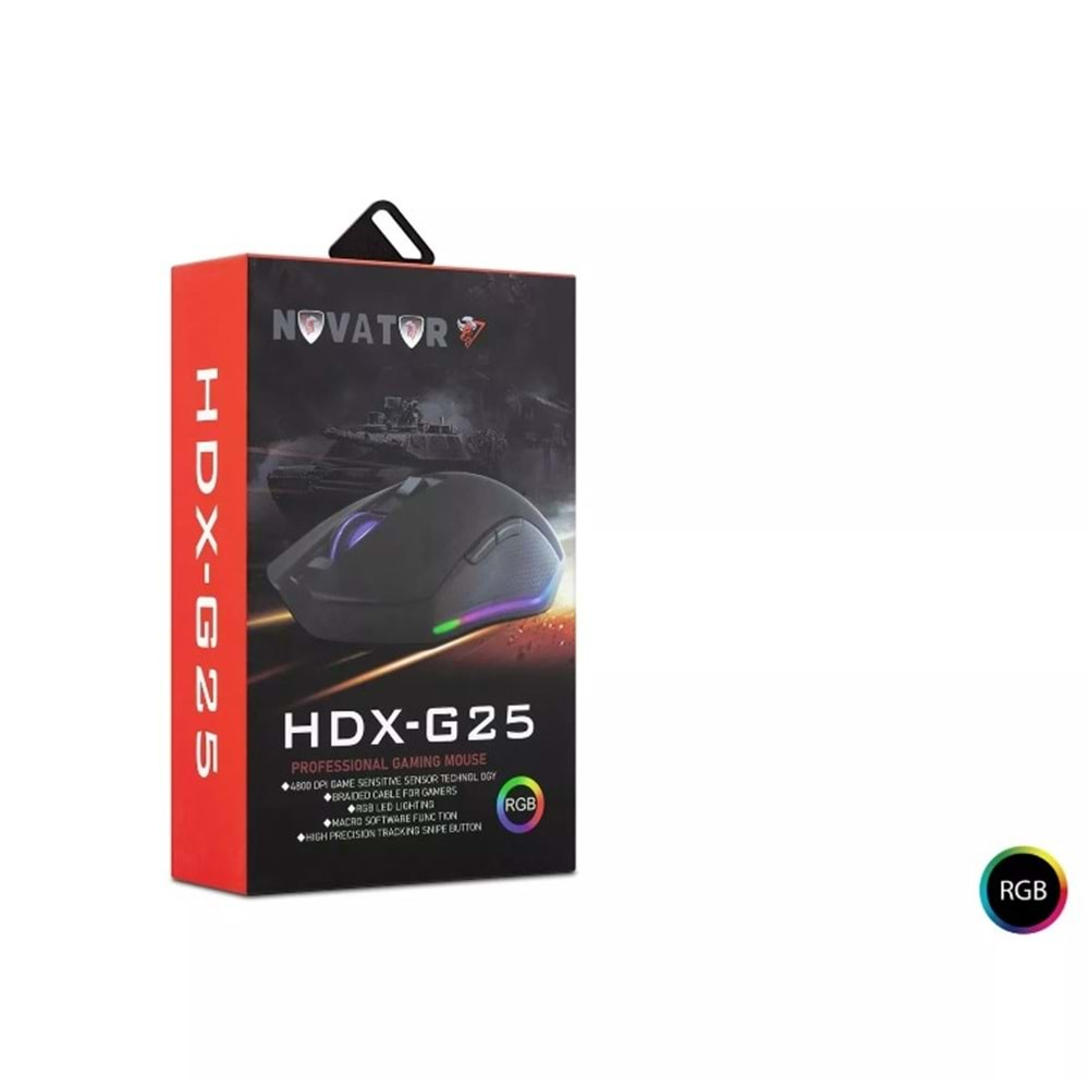 NOVATOR HDXG25 MOUSE KABLOLU OYUN USB RGB LEDLİ MAX. 6400 DPI