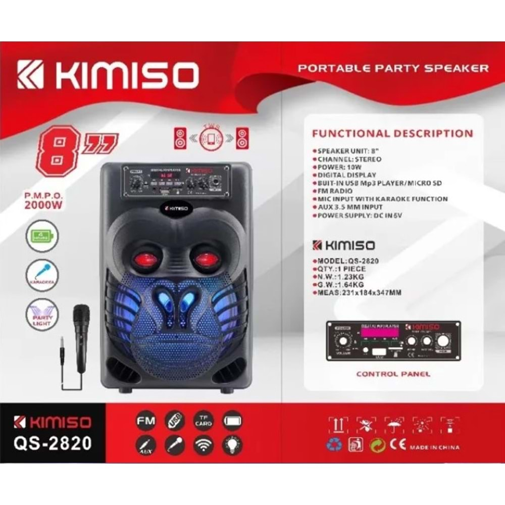 TELSAN QS-2820 SD/USB/FM 8inc 2000W KARAOKE MİKROFONLU BLUETOOTH RGB IŞIKLI MÜZİK KUTUSU