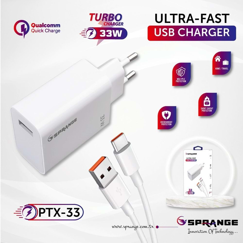 SPRANGE PT-X33 TURBO ULTRA HIZLI ŞARJ 33W 3A QUİCK FAST CHARGE QUALCOMM 5V3A USB TO TYPE-C ŞARJ ALETİ TAKIM