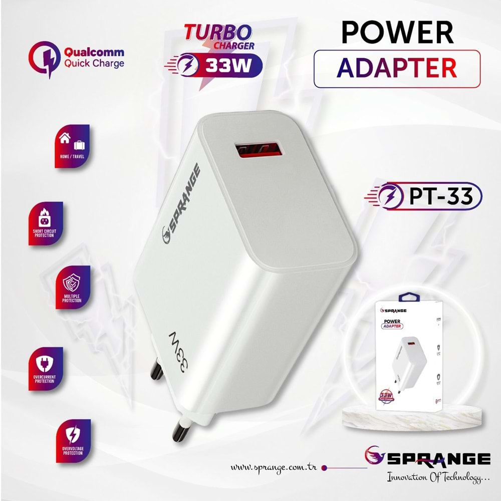 SPRANGE PT-33 TURBO ULTRA HIZLI ŞARJ 33W 3A QUİCK FAST CHARGE QUALCOMM 5V3A USB ŞARJ KAFA