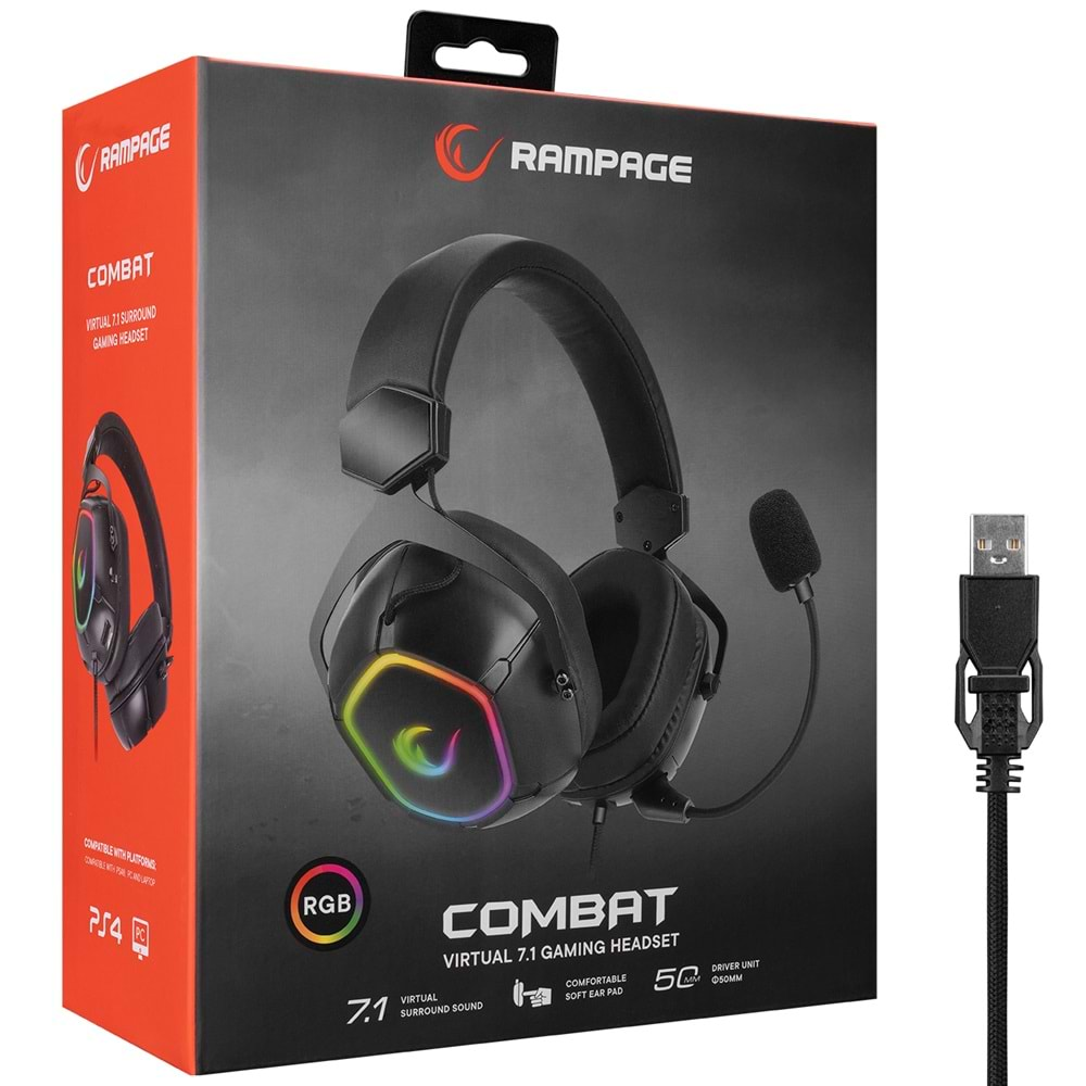 Rampage RX7 COMBAT Siyah RGB Led 7.1 Gaming Mikrofonlu Oyuncu Kulaklığı