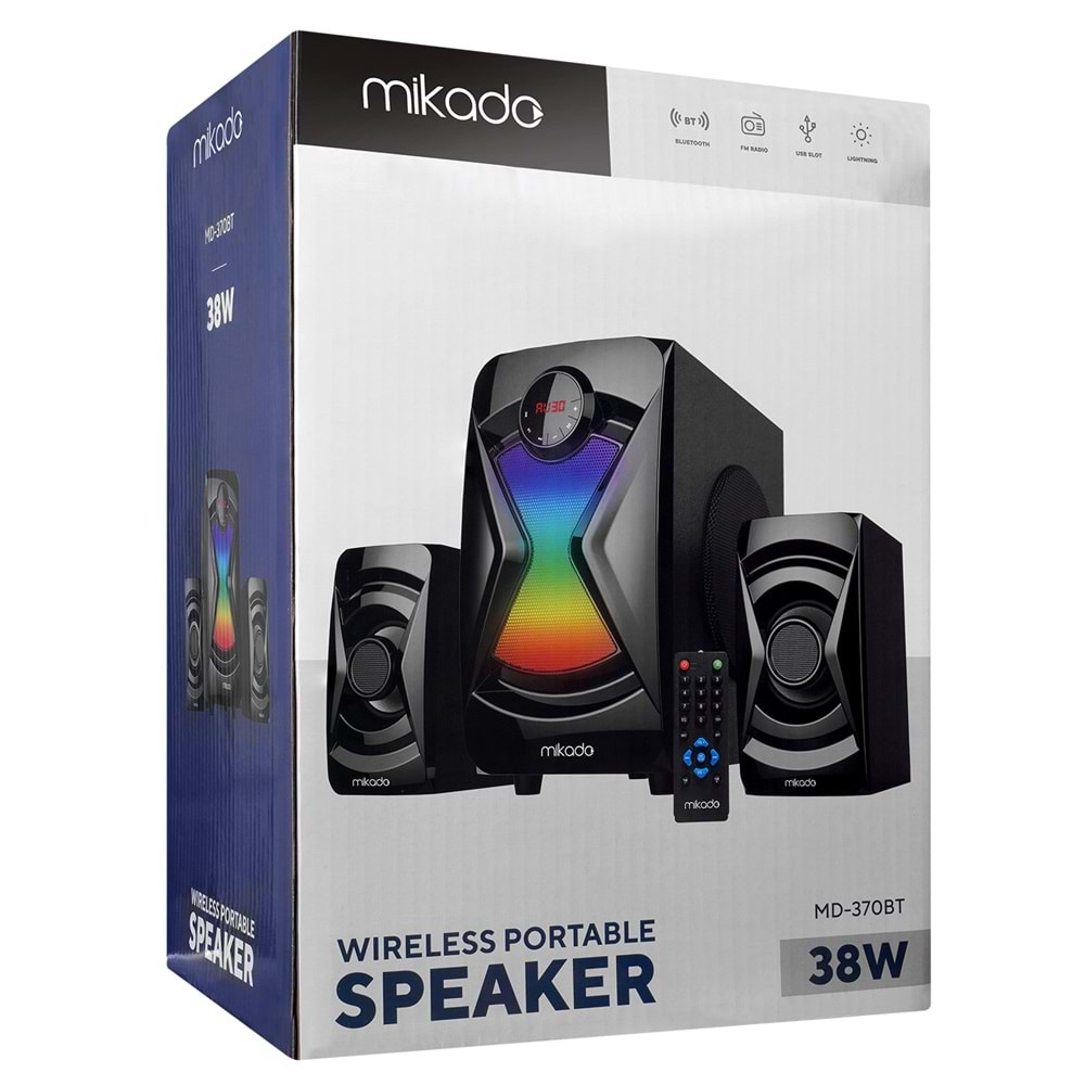 Mikado MD-370BT 2+1 38W Siyah BT/AUX/USB/FM/LED Işıklı Multimedia Speaker