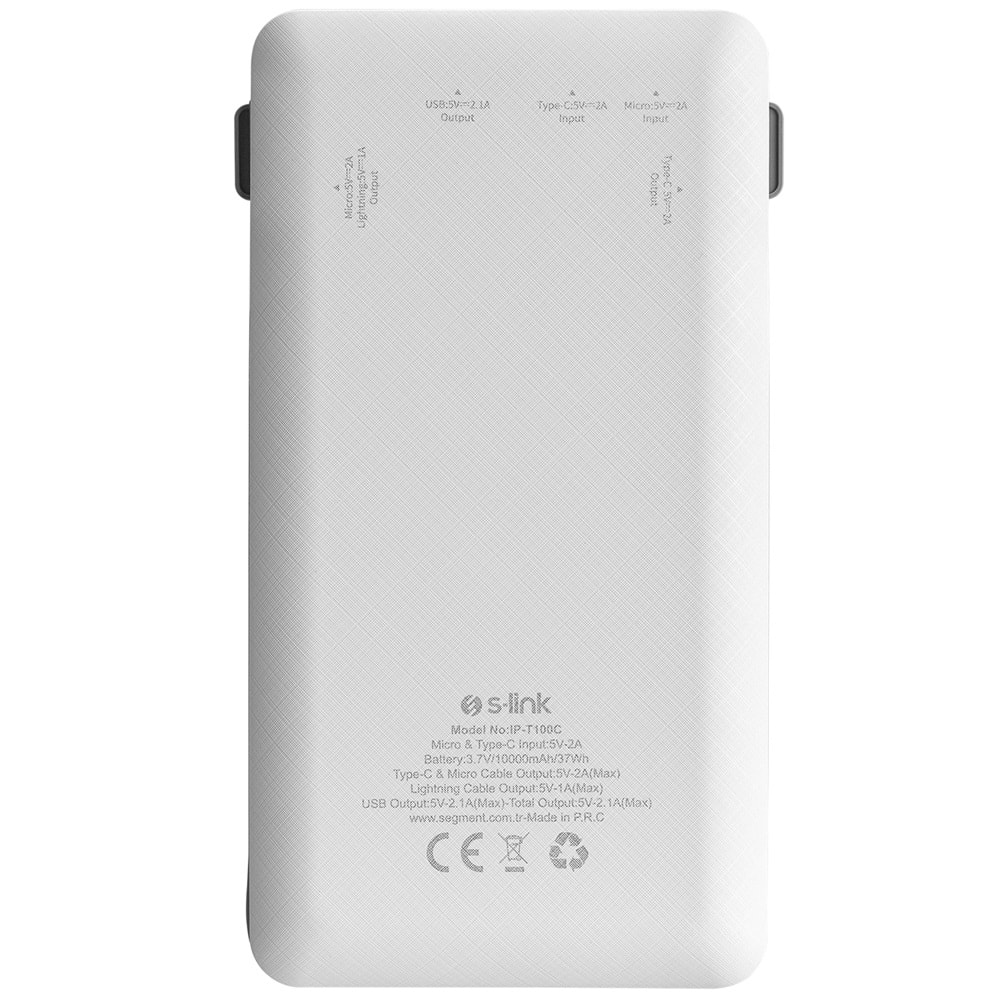 S-link IP-T100C 10000mAh Lightning+Micro+Type C Kablolu Powerbank Beyaz LCDli Taşınabilir Pil Şarj Cihazı