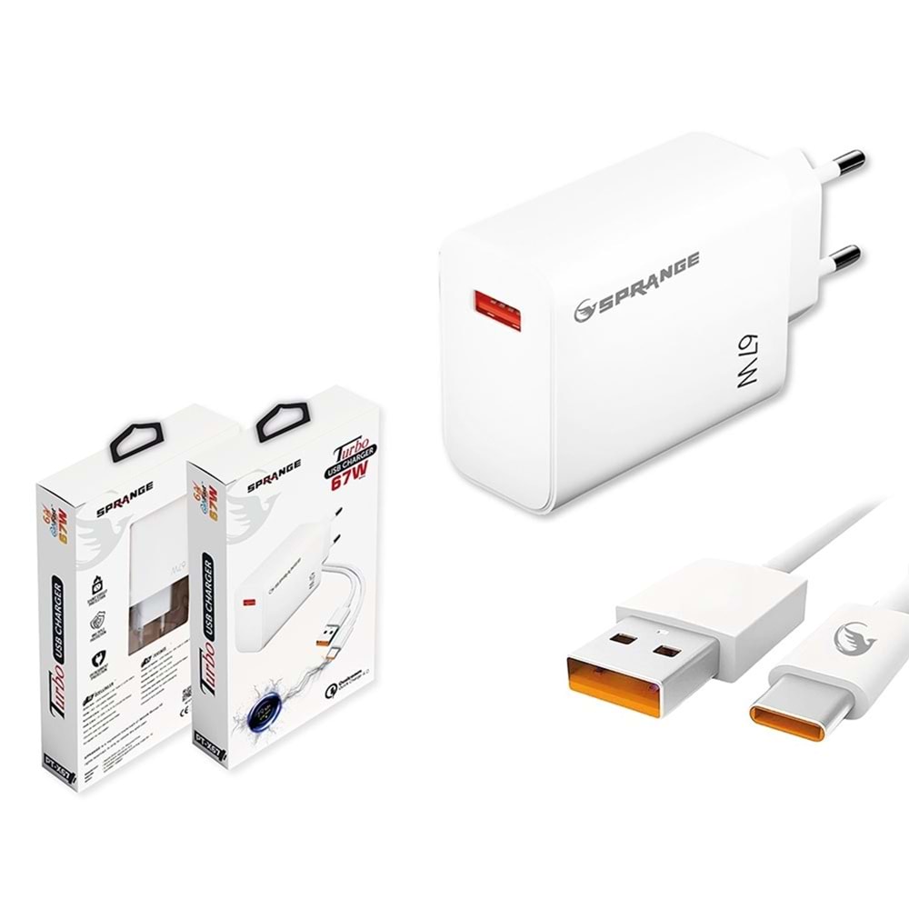 SPRANGE PT-X67 GANFAST QC 4.0 SALİSE SAYAR 67W 6A QUİCK FAST CHARGE QUALCOMM 4.0 USB TO TYPE-C ŞARJ ALETİ TAKIM