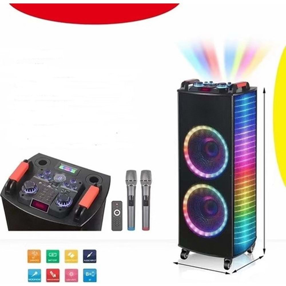 TELSAN NDR-1010S SD/USB/FM 2*10inc BLUETOOTH ÇİFT KABLOSUZ KARAOKE MİKROFONLU KUMANDALI RGB MÜZİK KUTUSU