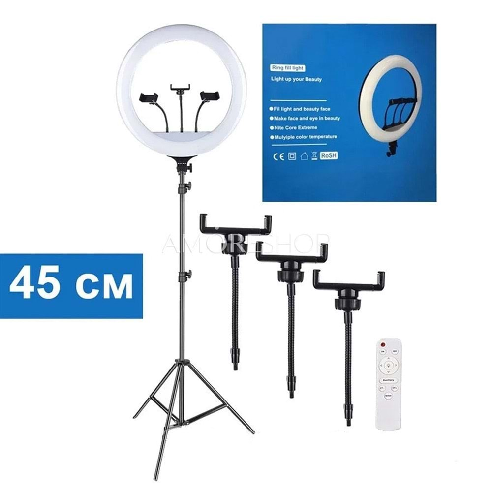 TELSAN LJJ-45 Led Uzaktan Kumanda 3 Telefon Tutucu 45CM 18İNÇ 210CM Youtuber Tiktok Çekim Telefon Tutucu Renkli Ring Light Makyaj Işığı Tripod