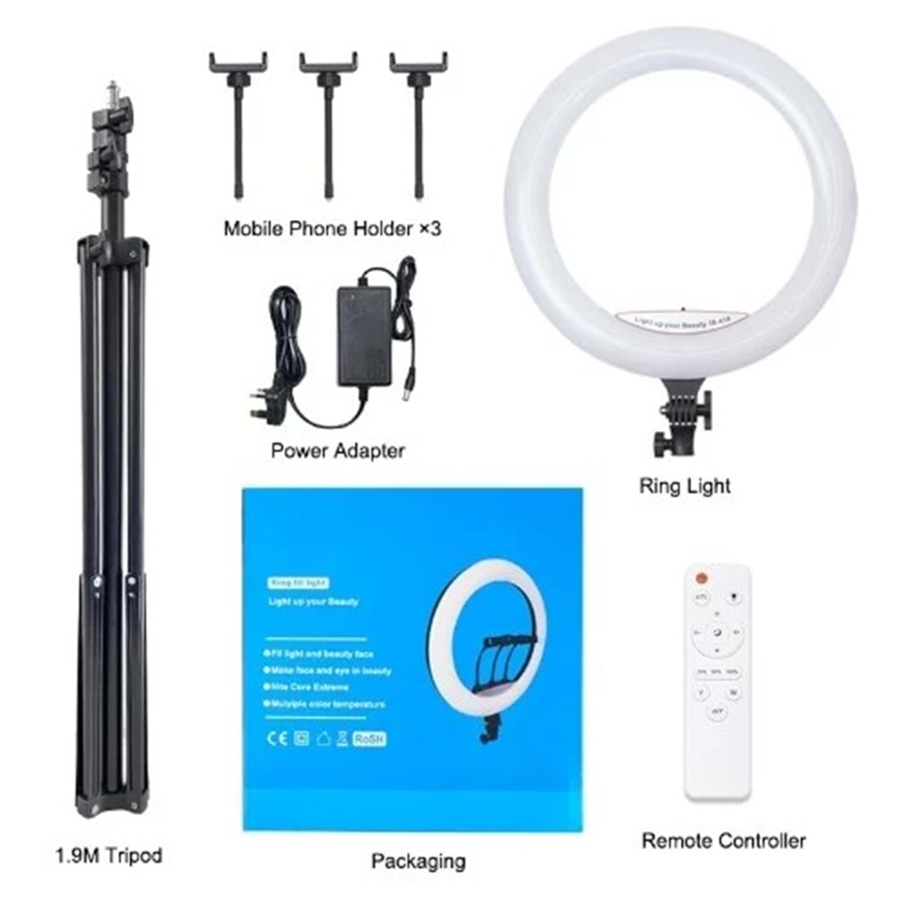 TELSAN LJJ-45 Led Uzaktan Kumanda 3 Telefon Tutucu 45CM 18İNÇ 210CM Youtuber Tiktok Çekim Telefon Tutucu Renkli Ring Light Makyaj Işığı Tripod