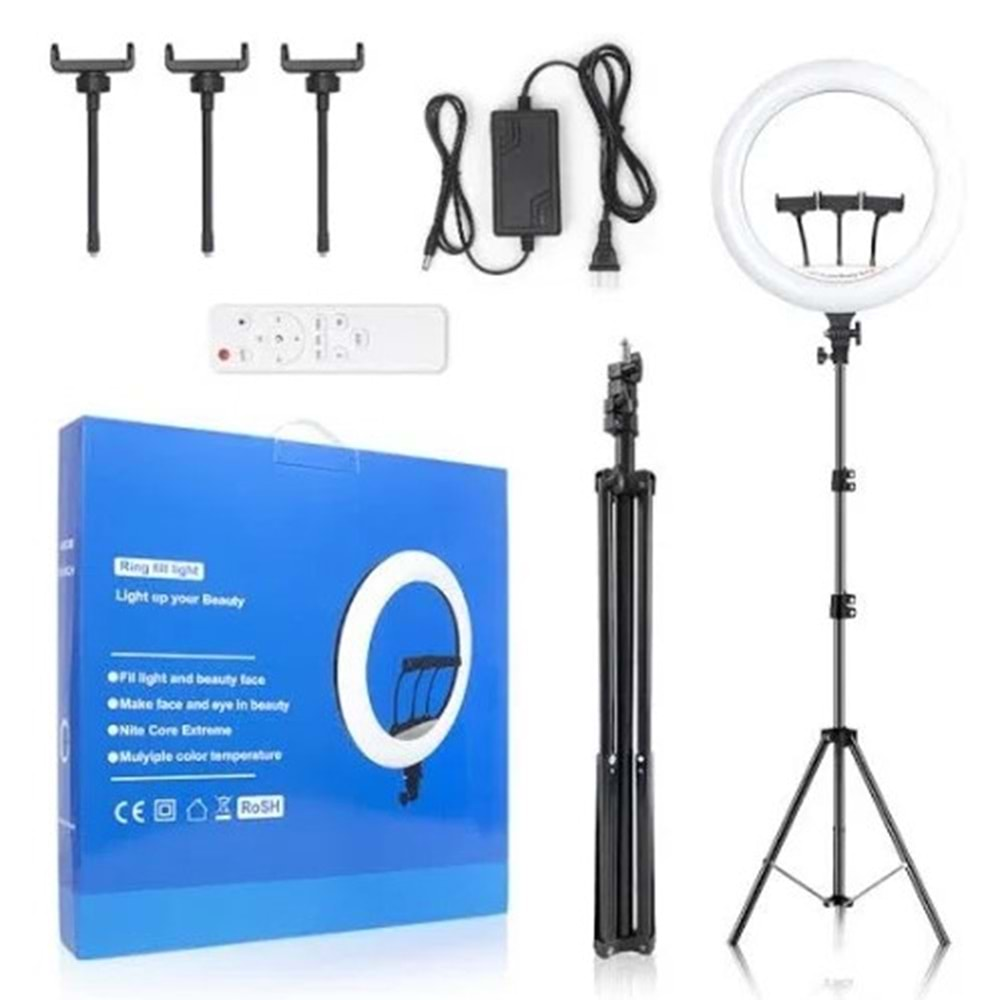 TELSAN LJJ-45 Led Uzaktan Kumanda 3 Telefon Tutucu 45CM 18İNÇ 210CM Youtuber Tiktok Çekim Telefon Tutucu Renkli Ring Light Makyaj Işığı Tripod