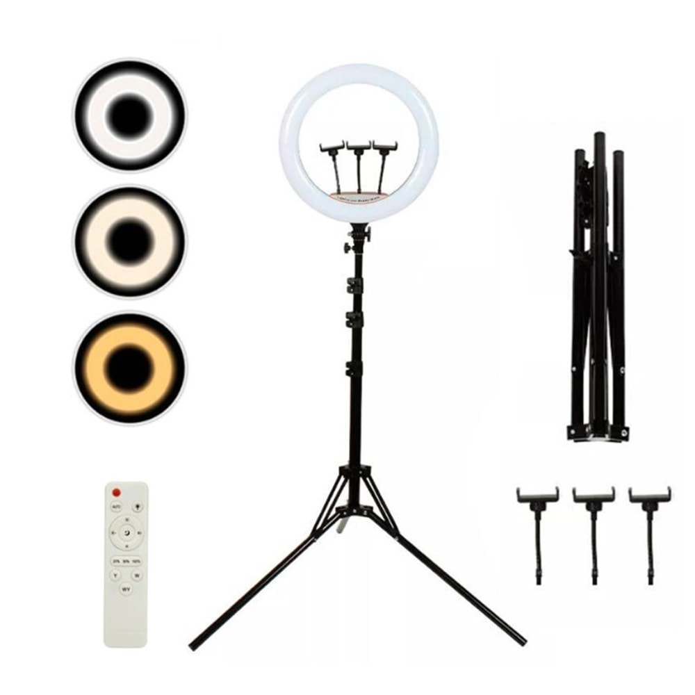 TELSAN LJJ-45 Led Uzaktan Kumanda 3 Telefon Tutucu 45CM 18İNÇ 210CM Youtuber Tiktok Çekim Telefon Tutucu Renkli Ring Light Makyaj Işığı Tripod