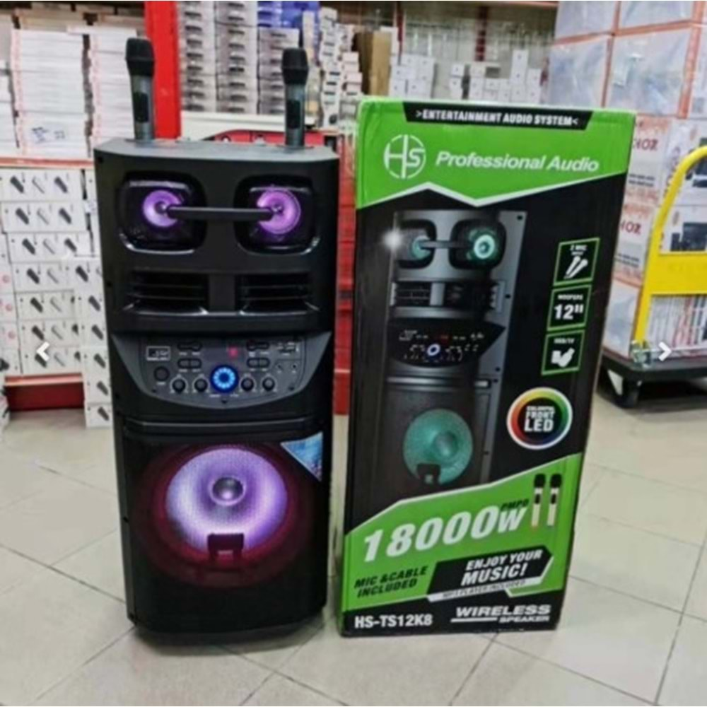 TELSAN HS-TS12K8 SD/USB/FM 12inc BLUETOOTH ÇİFT KABLOSUZ KARAOKE MİKROFONLU KUMANDALI RGB MÜZİK KUTUSU