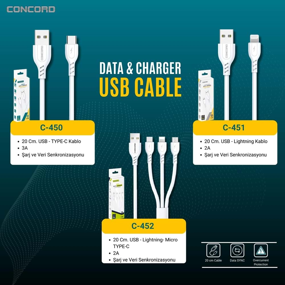 CONCORD C-452 USB TO 3İN1 ÇOKLU 20CM POWERBANK KABLO 2A