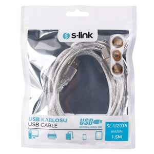 S-Link SL-U2015 Şeffaf Usb 2.0 Yazıcı Kablosu 1.5 Metre