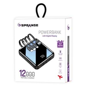 SPRANGE SR-P1 GÖSTERGELİ 12000MAH TYPE-C MİCRO 3 BUİLT-İN KABLO A+ SMART CHİP TECHNOLOGY POWERBANK