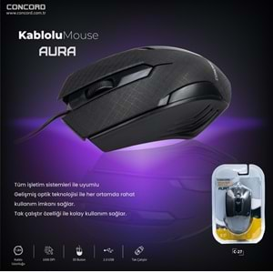 CONCORD C-27 AURA USB KABLOLU MOUSE 120CM 1000DPİ