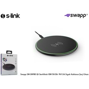 S-Link Swapp SW-CWF80 QI Sertifikalı 10W 5V/2A- 9V/1.1A Fast Hızlı Şarj Siyah Kablosuz Şarj Cihazı