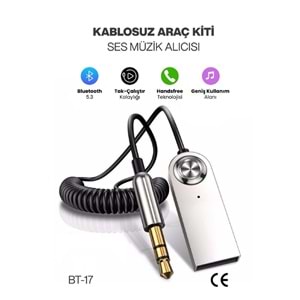 CONCORD BT-17 Kablosuz Aux Bluetooth 5.3 Araç Kiti Telefon Müzik Dinleme Tak Çalıştır