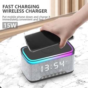 Jedel SA-148 1200mAh 10W Gri BT,USB,Kablosuz Şarjlı RGB-Gece Lambası Özellikli Alarmlı Saat Speaker