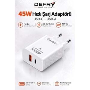 DEFRY DF-45 USB-A + USB-C PD 3.0 / QC 3.0 45W ÇİFT GİRİŞLİ SÜPER HIZLI ŞARJ ADAPTÖRÜ