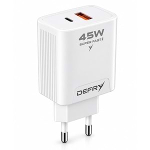 DEFRY DF-45 USB-A + USB-C PD 3.0 / QC 3.0 45W ÇİFT GİRİŞLİ SÜPER HIZLI ŞARJ ADAPTÖRÜ