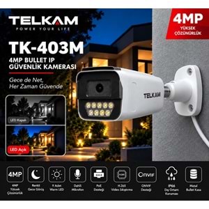 TELKAM TK-403M GECE RENKLİ GÖRÜŞ 9 WARM LED 4MP METAL KASA BULLET POE IP SESLİ FULL HD GÜVENLİK KAMERASI