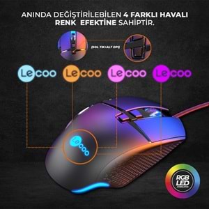 LECOO MG1101 Kablolu RGB LED Aydınlatmalı 6400DPI 8 Tuşlu Gaming Optik Mouse Siyah