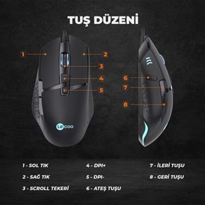 LECOO MG1101 Kablolu RGB LED Aydınlatmalı 6400DPI 8 Tuşlu Gaming Optik Mouse Siyah