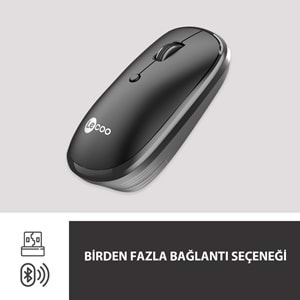 LECOO WS209 Dual Mod 2.4GHz WiFi + Bluetooth 6 Tuşlu 1600DPI Şarjlı Sessiz Kompakt Kablosuz Optik Mouse Siyah
