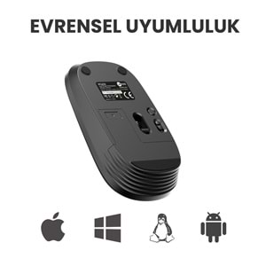 LECOO WS209 Dual Mod 2.4GHz WiFi + Bluetooth 6 Tuşlu 1600DPI Şarjlı Sessiz Kompakt Kablosuz Optik Mouse Siyah