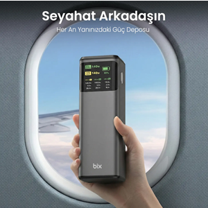Bix PB200W 24000mAh Powerbank PD3.1 Hızlı Şarj, Çift USB-C + USB-A Dijital Ekranlı MacBook, Tablet ve Telefonlarla Uyumlu Taşınabilir Şarj Cihazı