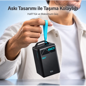 Bix PB5010W 50000mAh 100W Süper Hızlı Şarj Dijital Göstergeli 6 Portlu Powerbank Taşıma Askılı Taşınabilir Şarj Cihazı