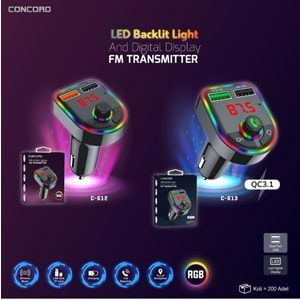 CONCORD C-613 RGB QC 3.1A IŞIKLI ÇİFT USB/TF/BT/FM BLUETOOTH TRANSMİTTER